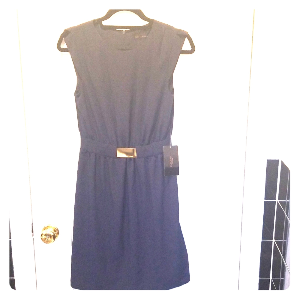 NWT Zara Basic Navy Blue Dress w Attched Gold Belt